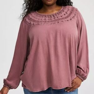 Torrid Crochet Yoke Blouson Long Sleeve Top In Wild Ginger Women's Plus Size 4X